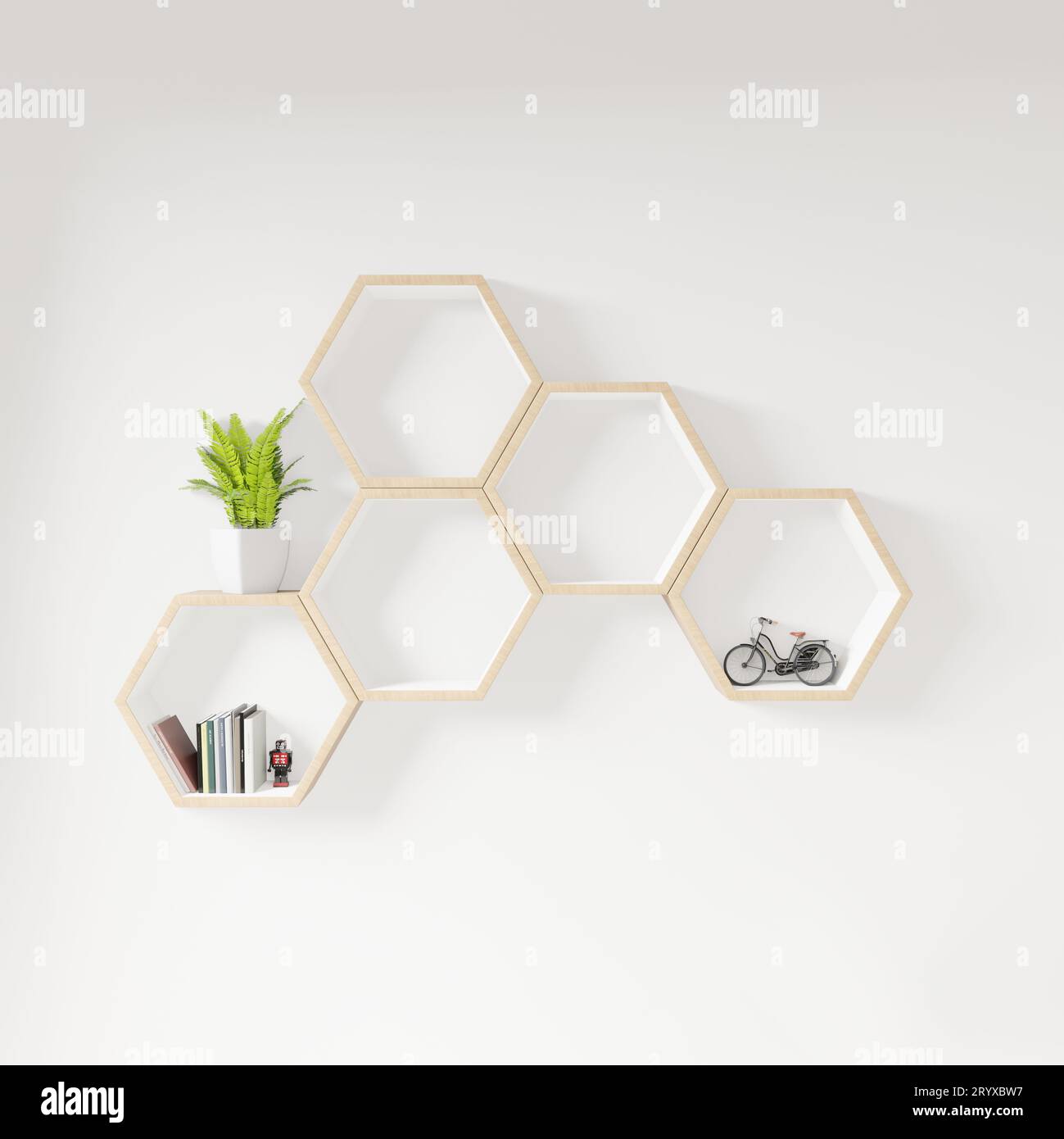 Hexagon shelf books and plant decoration interior design Stock Photo