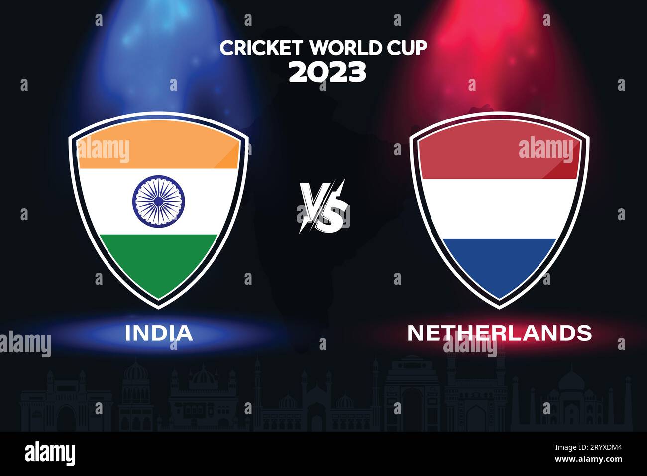 India vs Netherlands international cricket flag badge design on Indian skyline background for the final World Cup 2023. EPS Vector for sports match Stock Vector