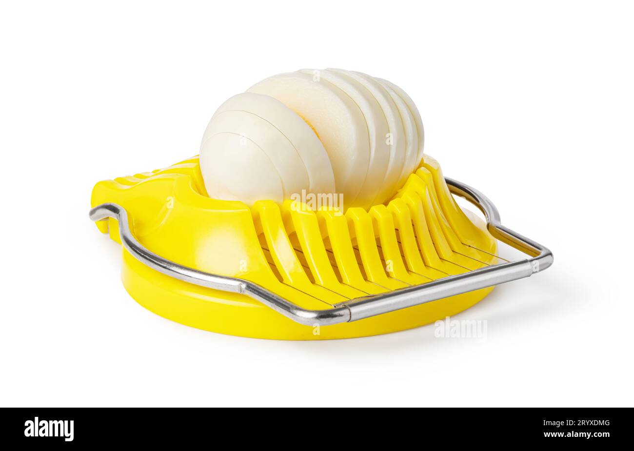 Boiled egg in the egg slicer. Stock Photo