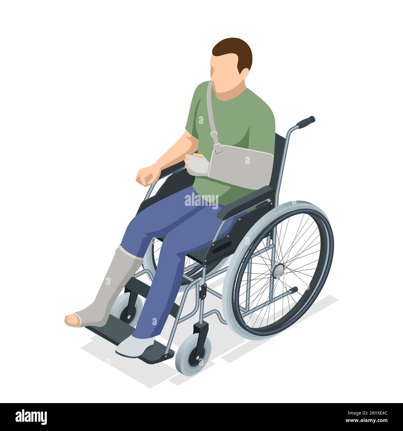 Isometric man with an arm injury and a leg injury in a cast sits in a wheelchair. Social security and health insurance concept. Rehabilitation Stock Vector