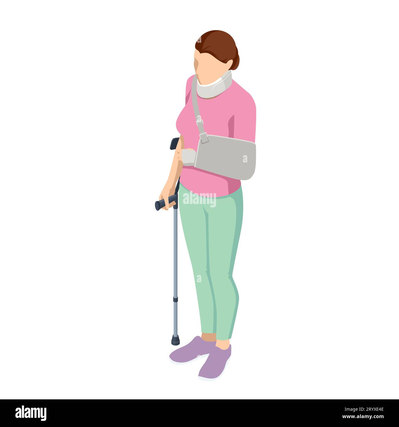Isometric Woman with arm injury in a cast and neck injury. Social ...