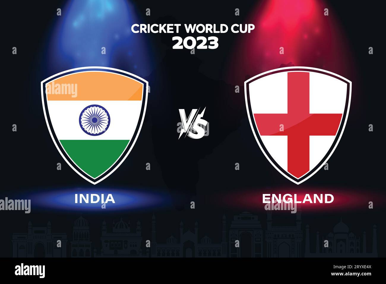 India vs England international cricket flag badge design on Indian skyline background for the final World Cup 2023. EPS Vector for sports match Stock Vector