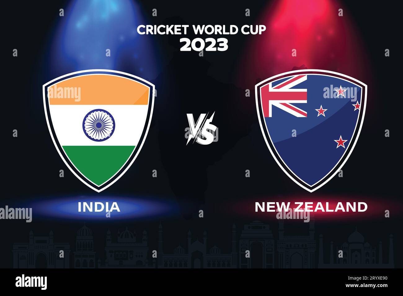 India vs New Zealand international cricket flag badge design on Indian skyline background for the final World Cup 2023. EPS Vector for sports match Stock Vector