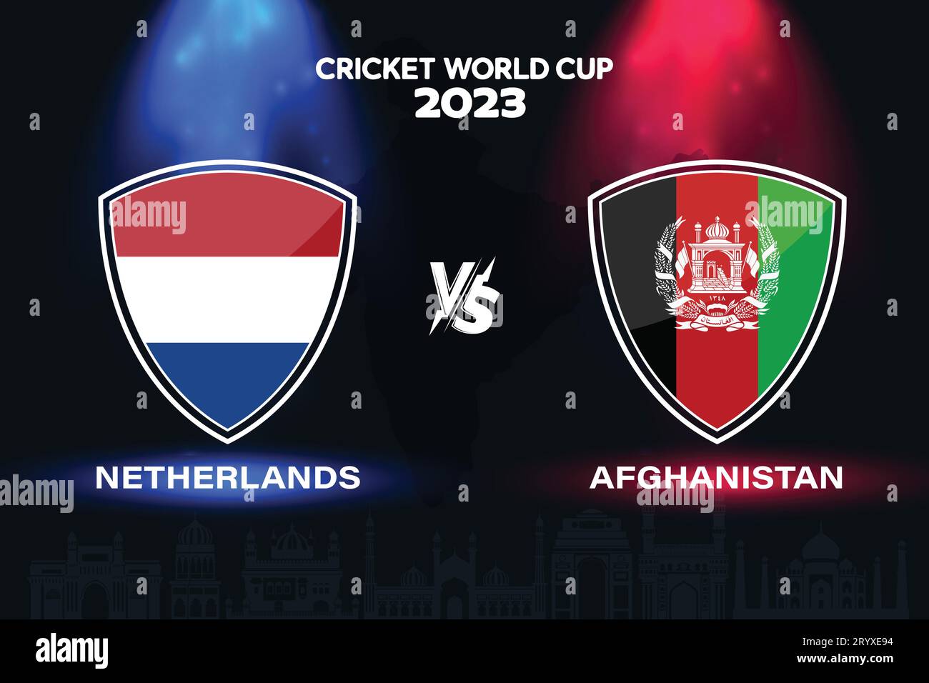 Netherlands vs Afghanistan international cricket flag badge design on Indian skyline background for the final World Cup 2023. EPS design Stock Vector