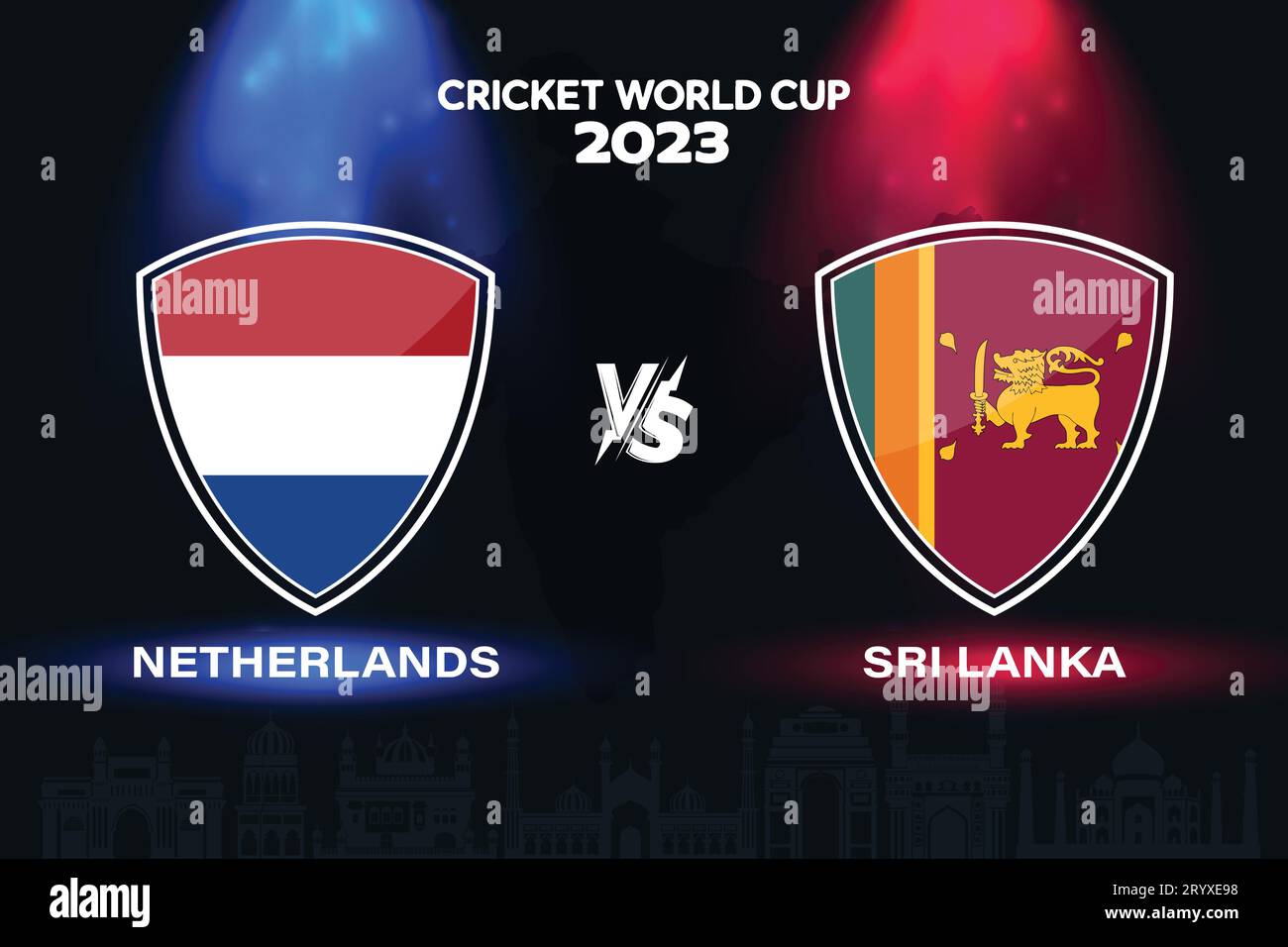 Netherlands vs Sri Lanka international cricket flag badge design on Indian skyline background for the final World Cup 2023. EPS Vector for sports match Stock Vector