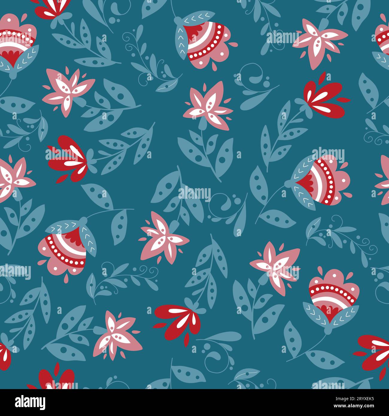 Hand drawn scandinavian folk art pattern with flowers and leaves ...
