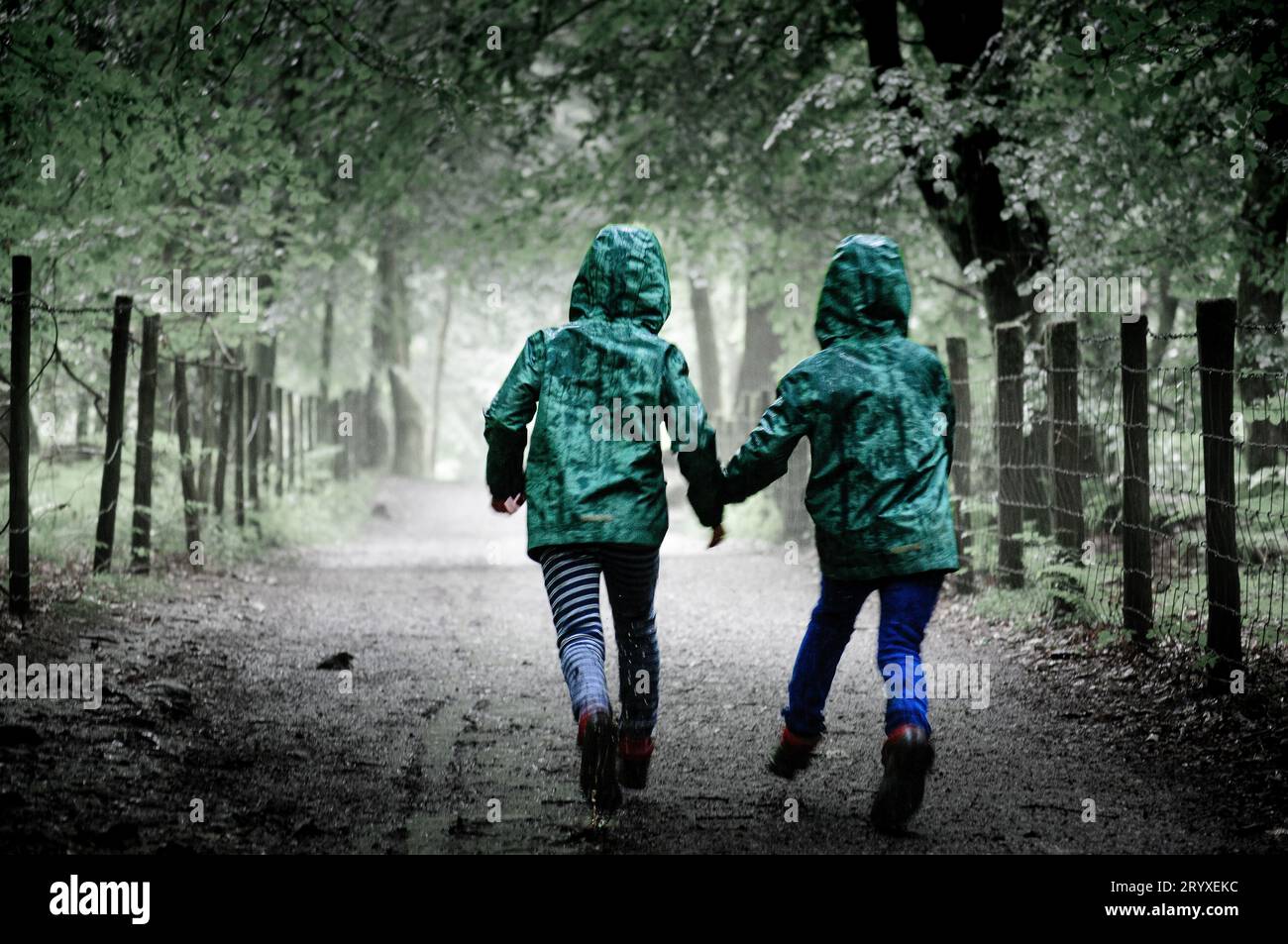Children in raincoats running in the rain Stock Photo Alamy