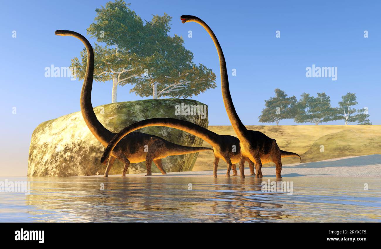 Omeisaurus Dinosaur Beach - Omeisaurus was a herbivorous sauropod dinosaur that lived in China during the Jurassic Period. Stock Photo