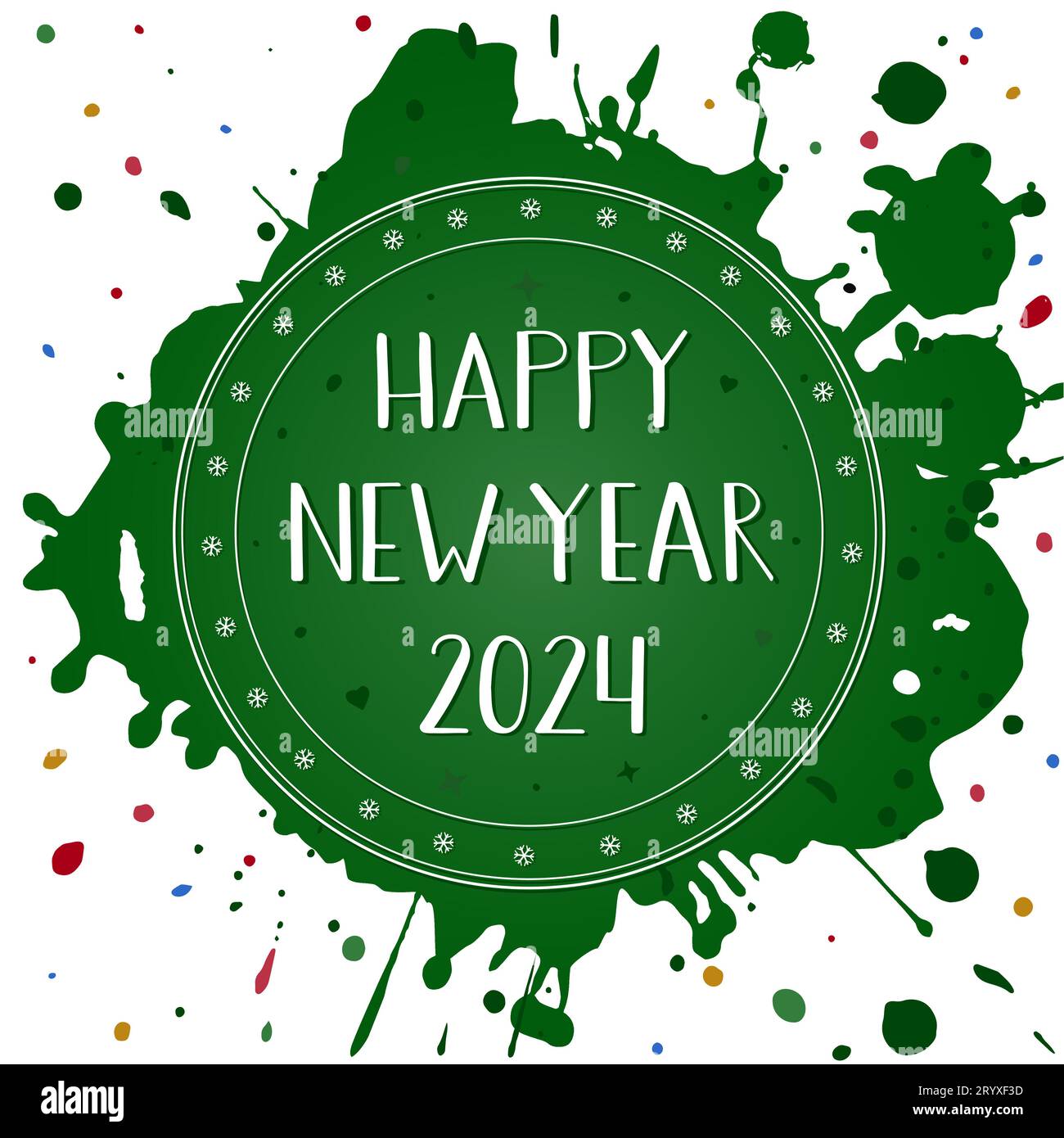 Happy New Year 2024. Rubber stamp on multicolored stain. Handwritten