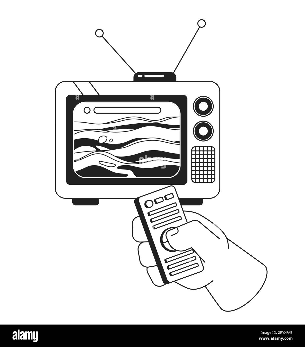 Ocean waves on retro tv screen black and white 2D illustration concept