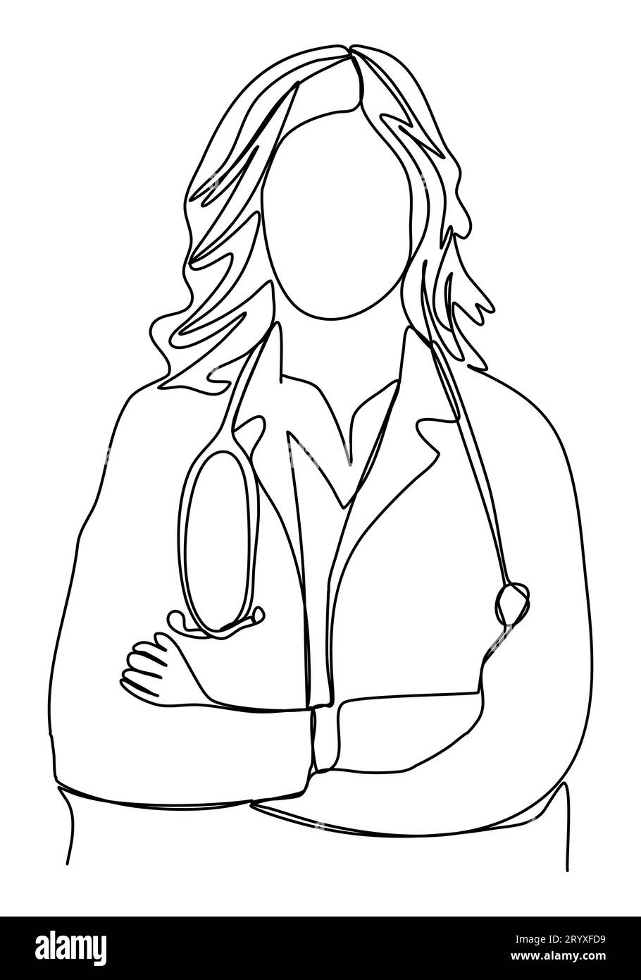 Woman in a medical coat with a stethoscope around her neck. One line drawing vector illustration