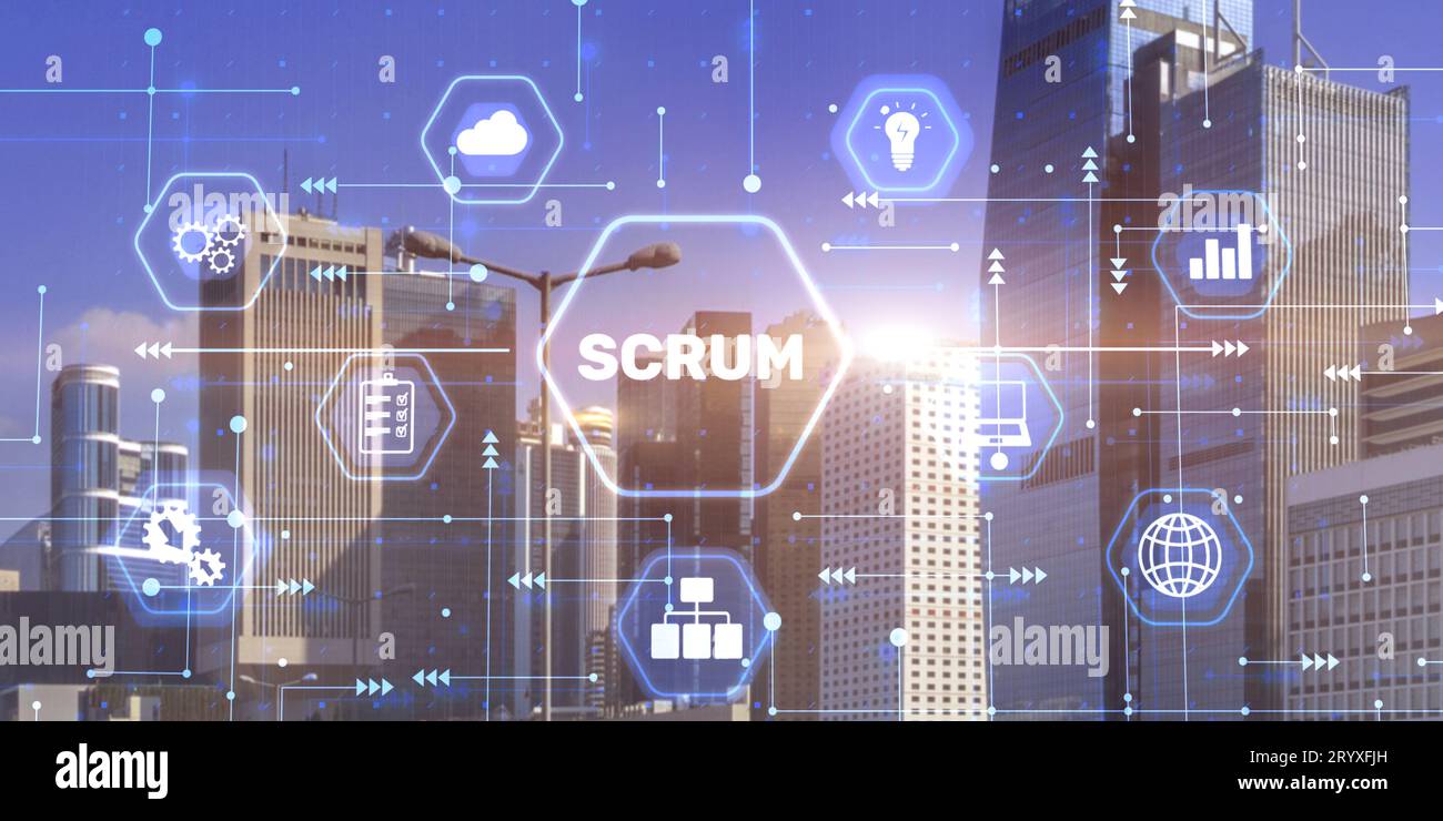 Scrum process software development outline concept. City background ...