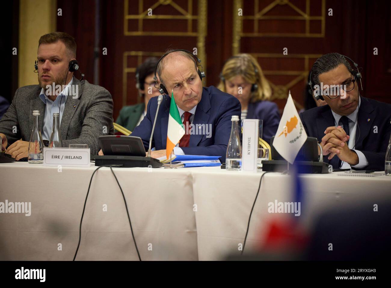 Kyiv, Ukraine. 02nd Oct, 2023. Irish Foreign Minister Micheál Martin, center, listens during a meeting of the European Union Council of Foreign Ministers, October 2, 2023 in Kyiv, Ukraine. Credit: Ukraine Presidency/Ukrainian Presidential Press Office/Alamy Live News Stock Photo