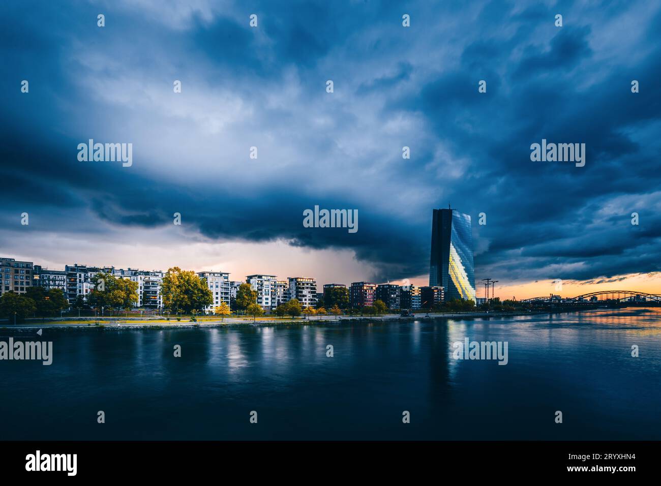 Dark Elegance: Frankfurt Skyline at Evening with Thunderstorm Vibes Stock Photo