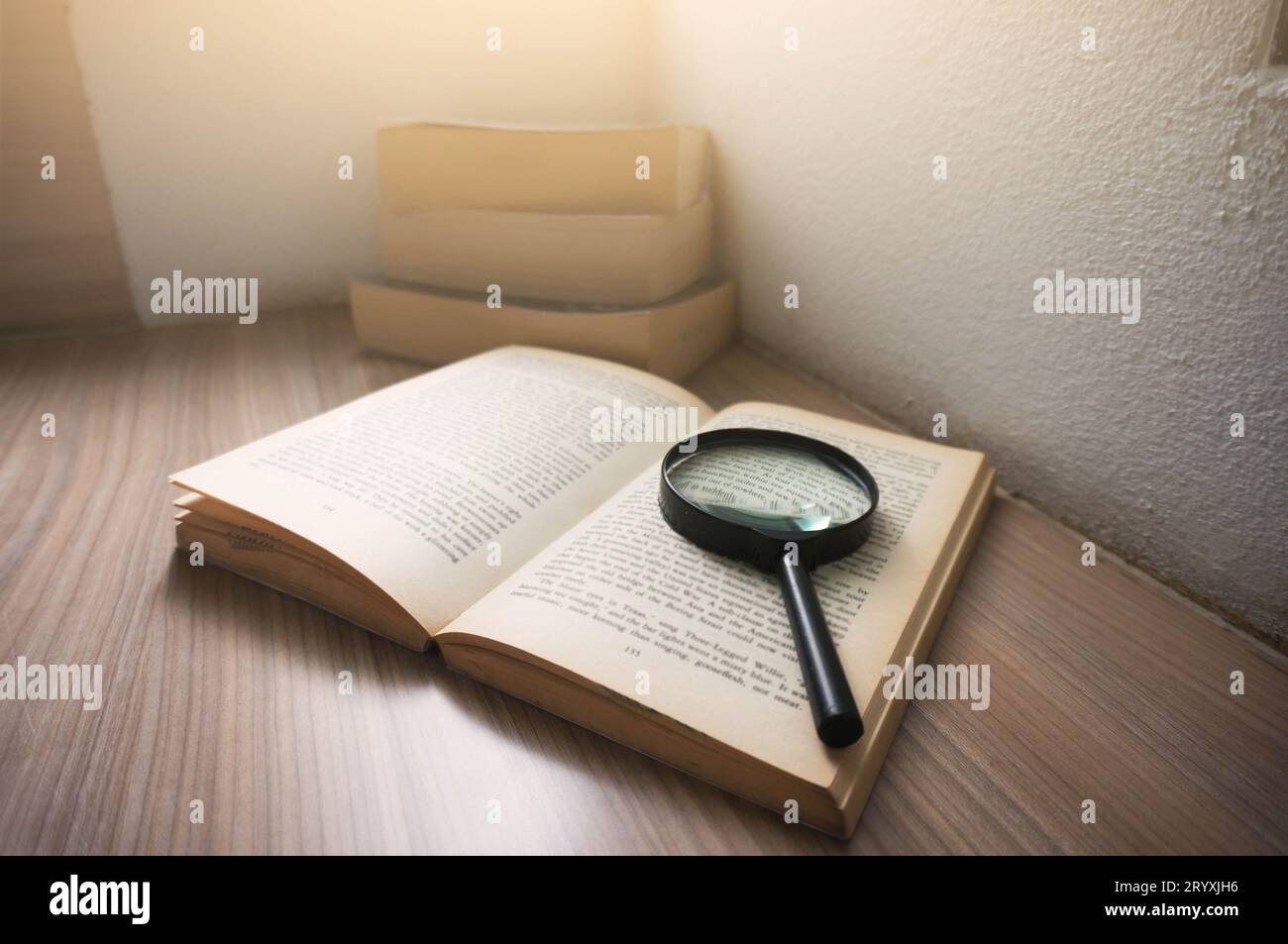 Magnification glass over a opened book with window light Stock Photo