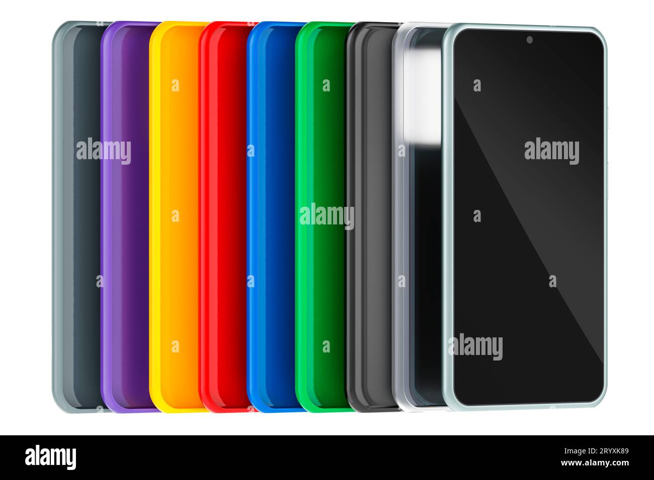 Mobile phone and colored silicone cases for smartphones. 3D rendering ...