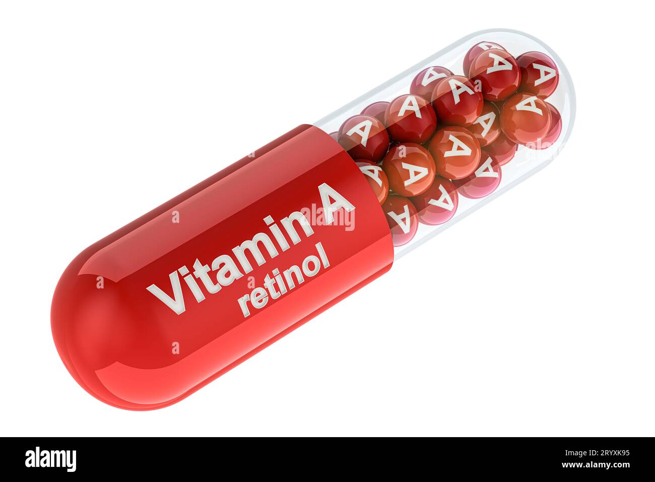 Vitamin A capsule, retinol. 3D rendering isolated on white background ...