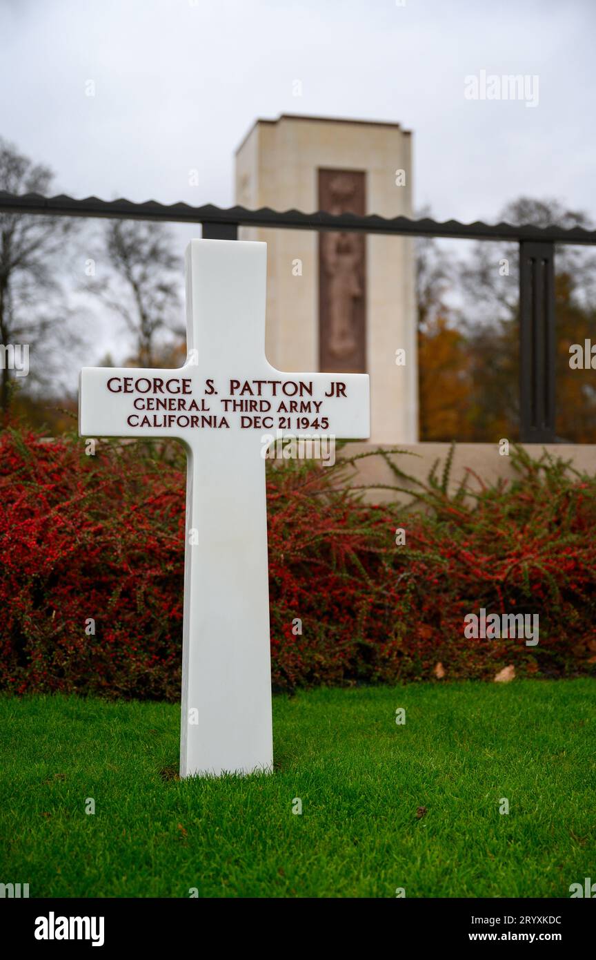 Grave of General George S. Patton Jr. Luxembourg American Cemetery and Memorial in Hamm, Luxembourg City, Luxembourg. Stock Photo