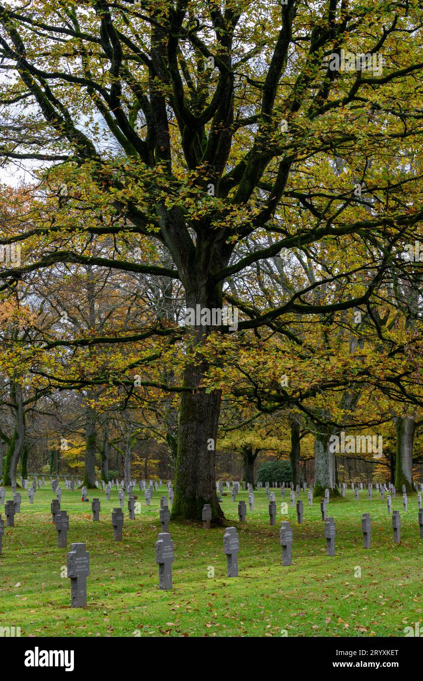 The Sandweiler German war cemetery in Luxembourg. It contains the graves of 10,913 German servicemen fallen in the Battle of the Bulge in 1944–1945. Stock Photo