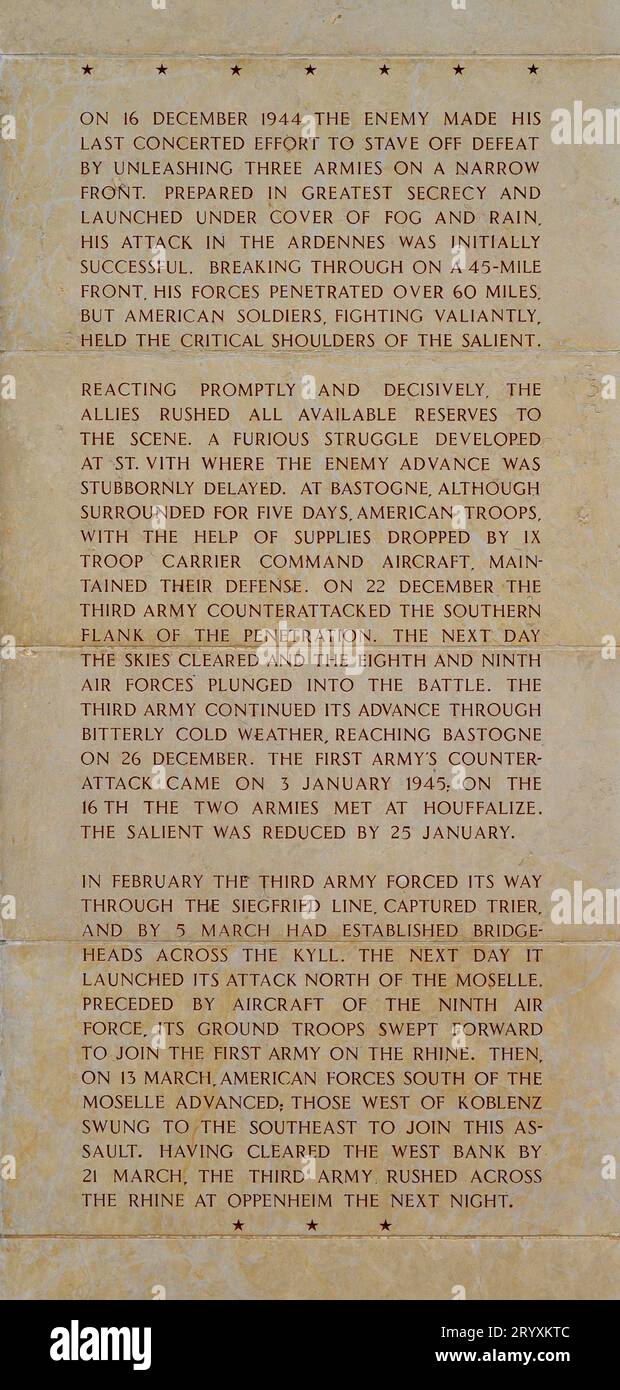 The history of the Rhineland Offensive recounted in English. Luxembourg American Cemetery and Memorial in Hamm, Luxembourg City, Luxembourg. Stock Photo