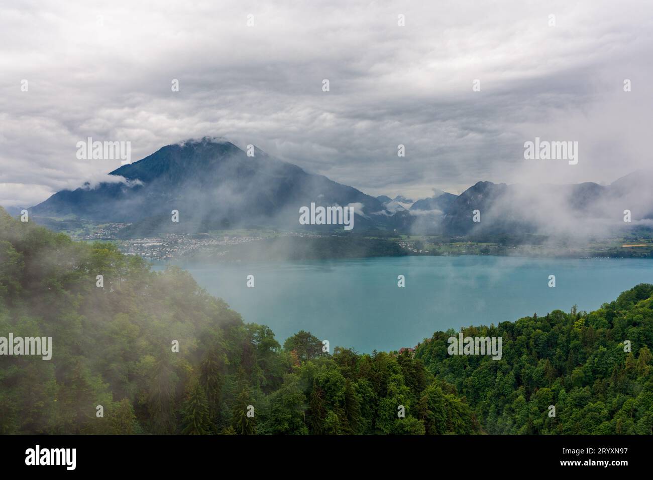 Panoramic view of Lake Thun in Switzerland. Stock Photo