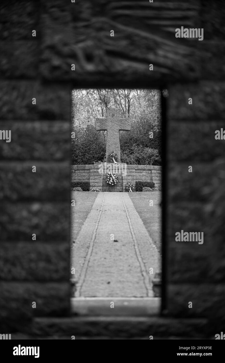 The Sandweiler German war cemetery in Luxembourg. It contains the graves of 10,913 German servicemen fallen in the Battle of the Bulge in 1944–1945. Stock Photo