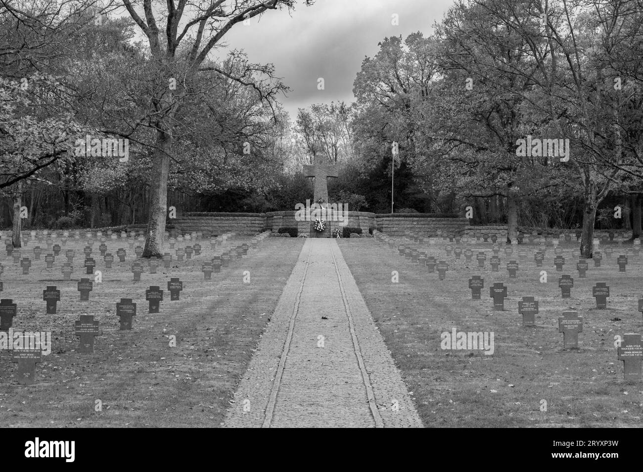 The Sandweiler German war cemetery in Luxembourg. It contains the graves of 10,913 German servicemen fallen in the Battle of the Bulge in 1944–1945. Stock Photo