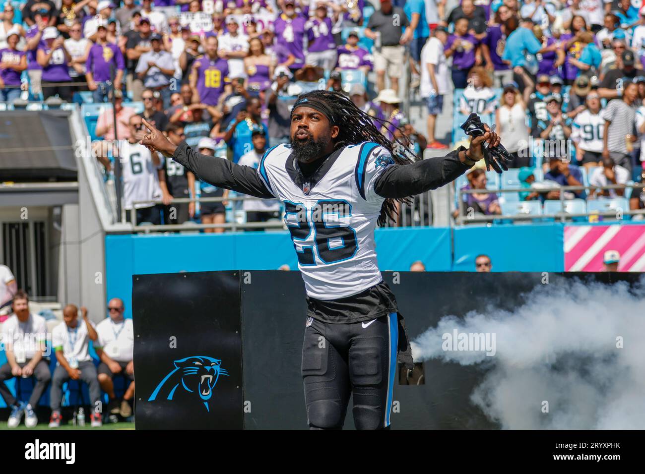 Charlotte, NC USA: Carolina Panthers cornerback Donte Jackson (26) runs onto the field prior to an NFL game against the Minnesota Vikings at Bank of A Stock Photo
