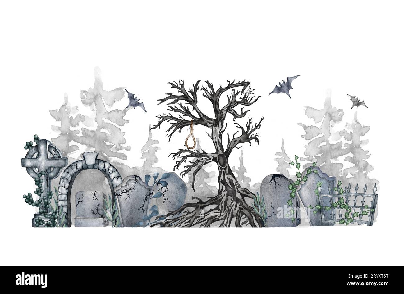 Watercolor Halloween. Hand painted graveyard with tombstone, bats and moon isolated on white . Holiday print for design or backg Stock Photo