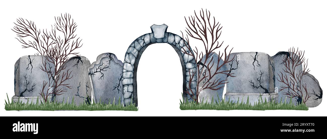 Watercolor Halloween. Hand painted graveyard with tombstone, bats and moon isolated on white . Holiday print for design or backg Stock Photo