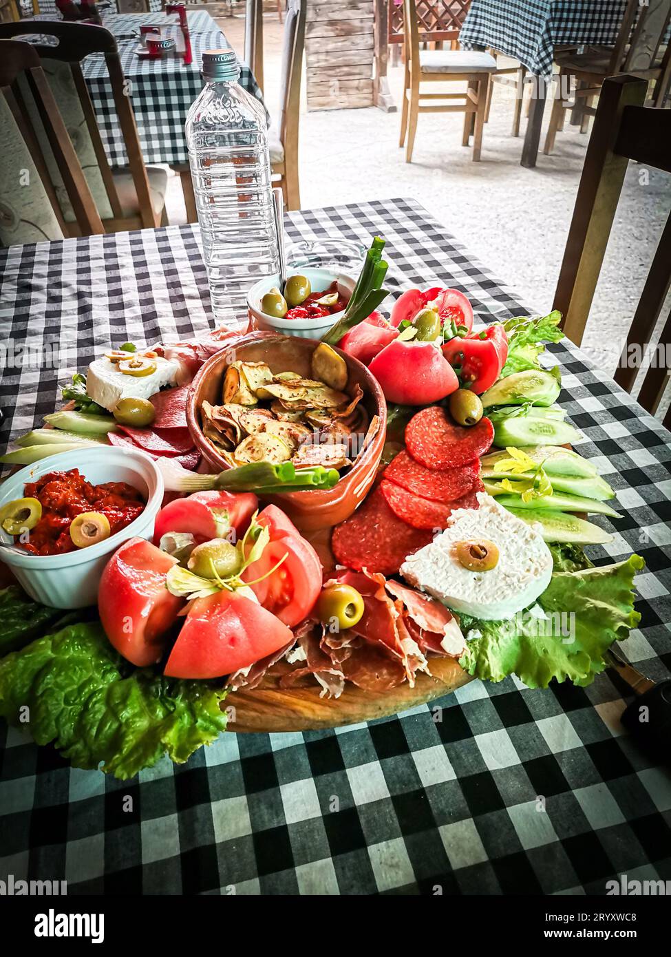Sopska Salad, spring onion , Sausage and Sketo intestine, Kumanovo, Macedonia Stock Photo