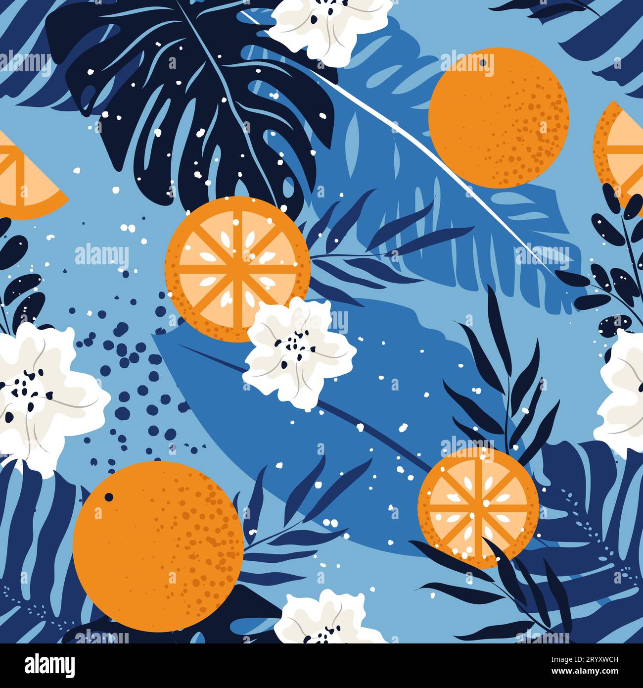 Seamless pattern with tropical leaves, oranges and flowers. Stock Vector
