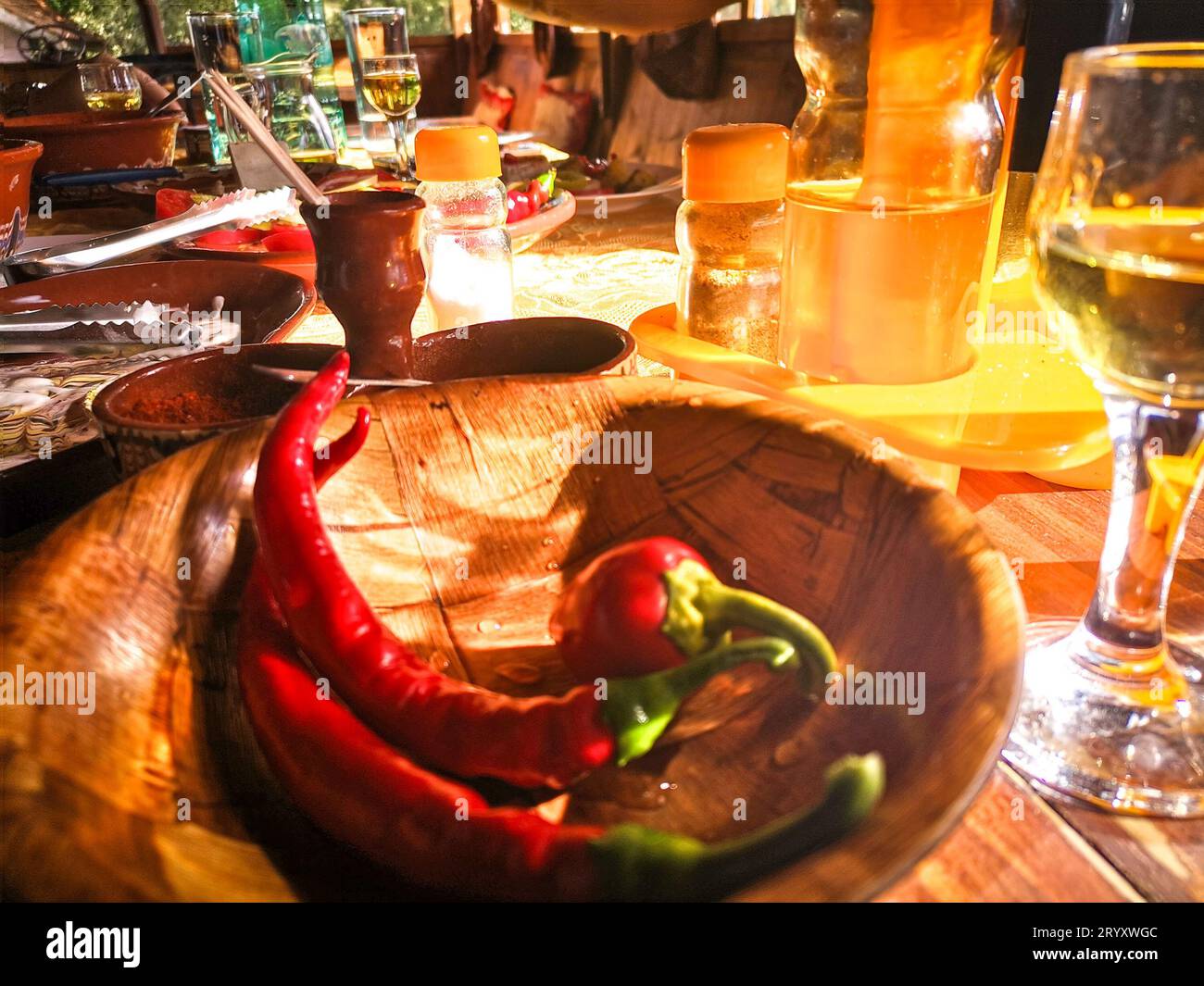 Sopska Salad, spring onion , Sausage and Sketo intestine, Kumanovo, Macedonia Stock Photo