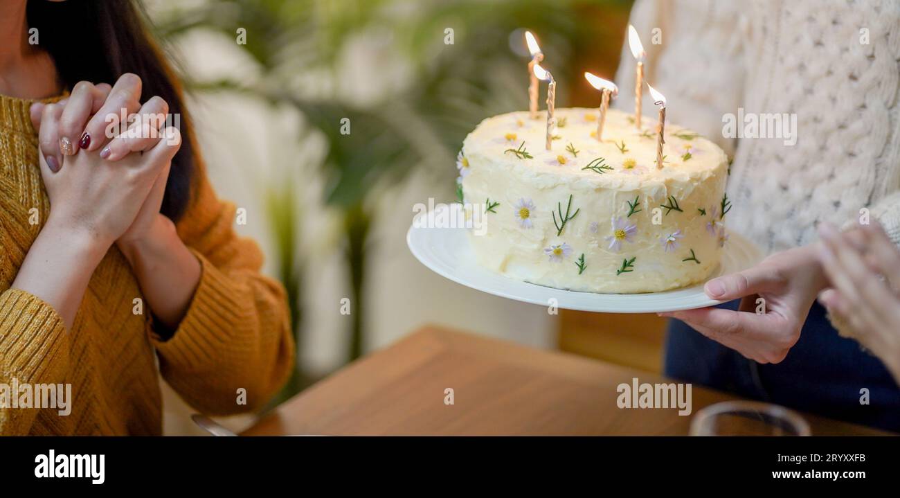 Cheerful friends enjoying home Birthday holiday party. Asian sister cheering drinking red wine celebrating with Birthday cake. Stock Photo