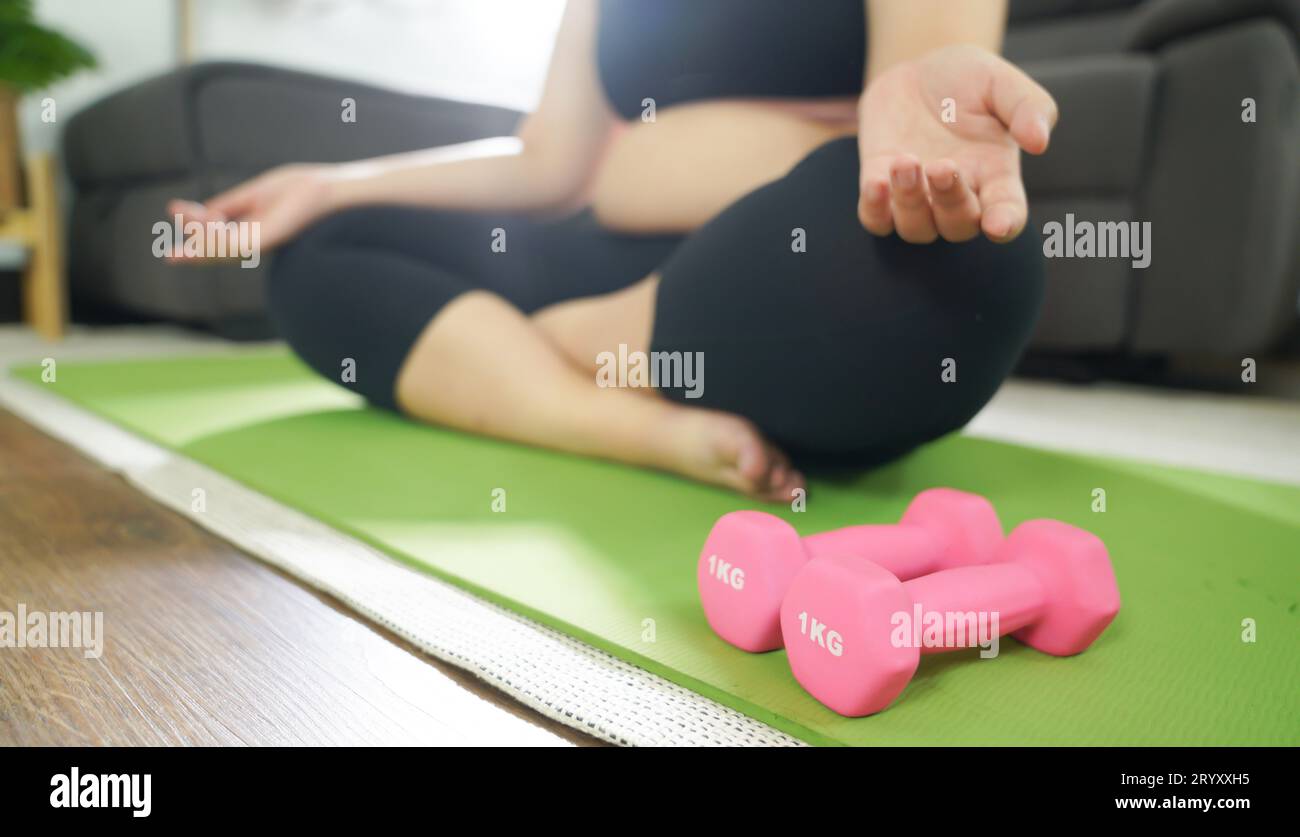 Overweight woman exercising for weight loss. exercise with dumbbells in stretching positions at home in the living room Cheerful Stock Photo