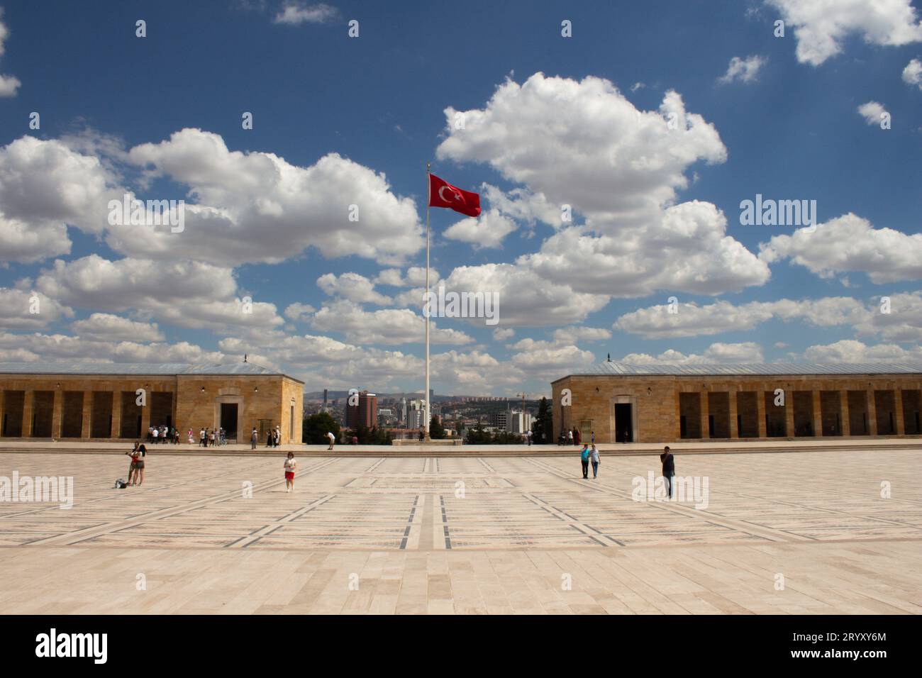 Ankara, Turkey - April 7 2016 : The Turkish flag is waving at Mustafa Kemal Atatürk's Mausoleum at Anitkabir in a cloudy weather. Stock Photo