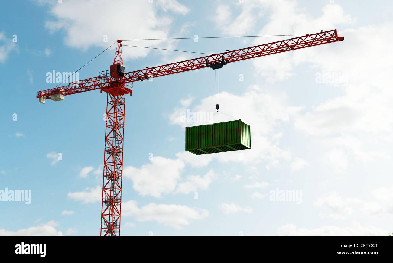 High crane with green cargo container in depot warehouse with sky background. Business industrial and transportation concept. 3D Stock Photo