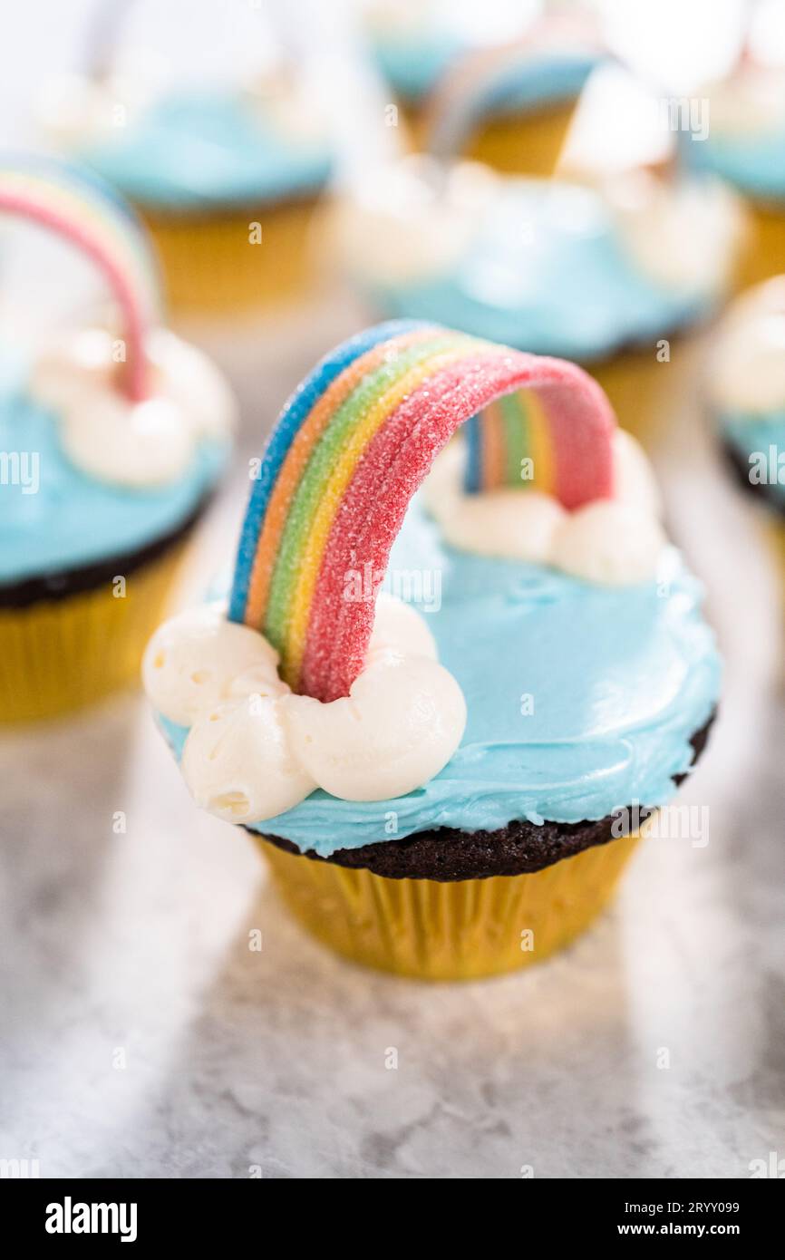 Unicorn rainbow chocolate cupcake Stock Photo