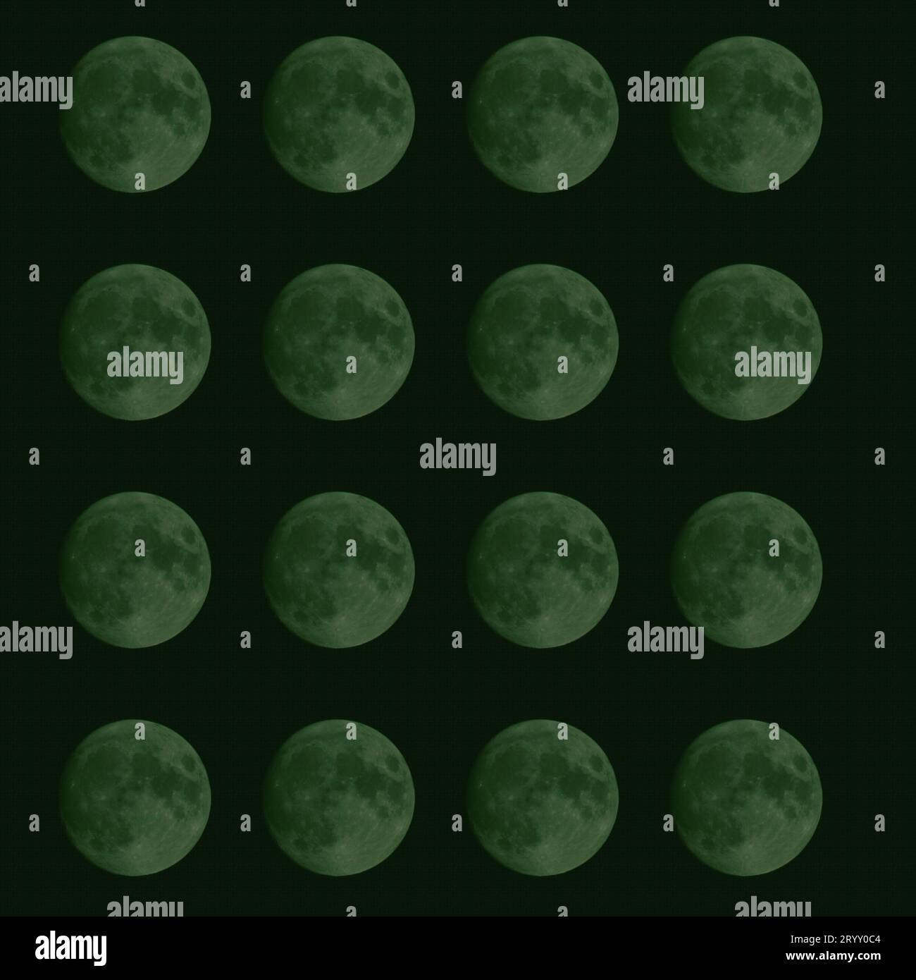 16 Images of the Moon, Green Tinti with Screen Mesh Effect, 9/27/2023 Stock Photo
