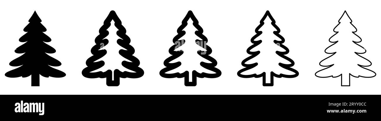 Christmas tree icon. Set of black outline christmas tree icons isolated ...
