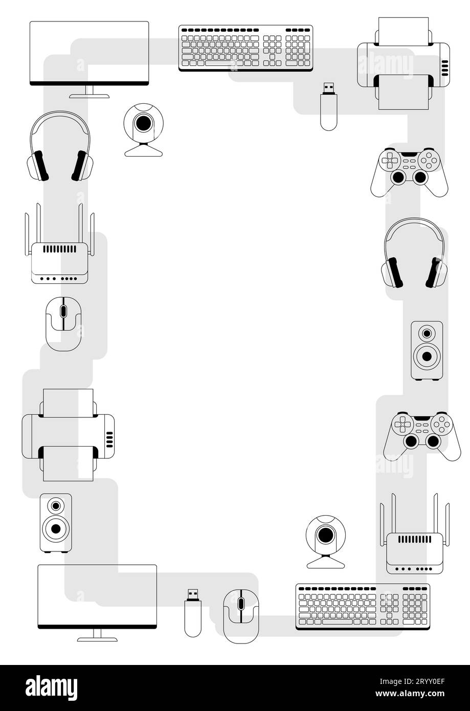 Frame with computer equipment. Gaming technology and work devices Stock