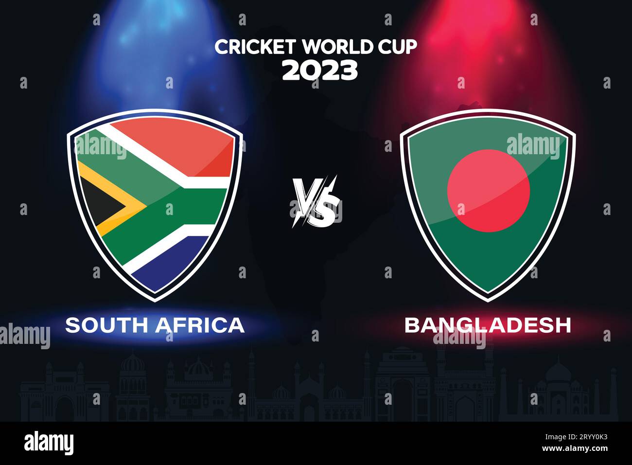 South Africa vs Bangladesh international cricket flag badge design on Indian skyline background