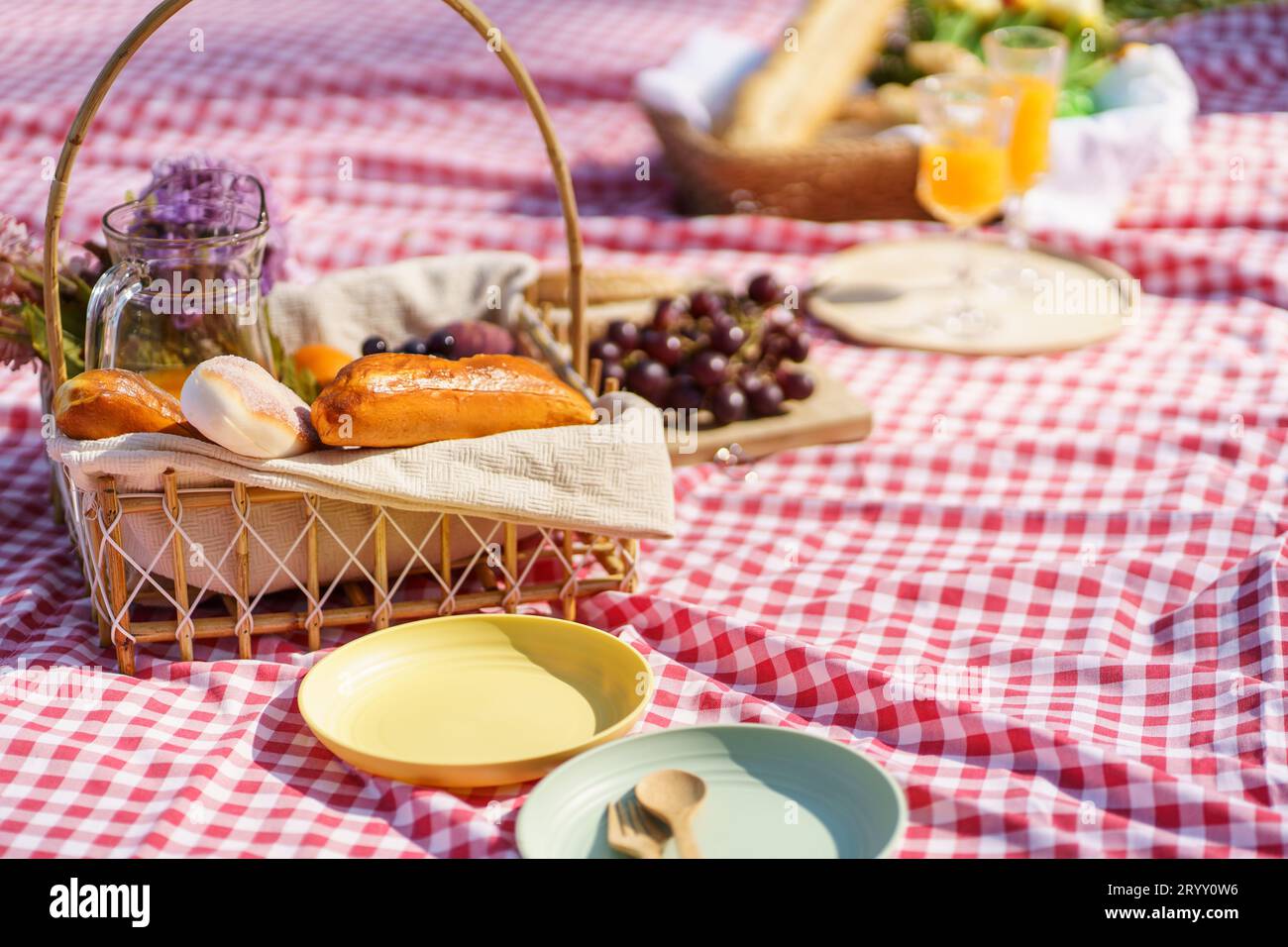 Picnic Lunch Meal Outdoors Park with food picnic basket. enjoying picnic time in park nature