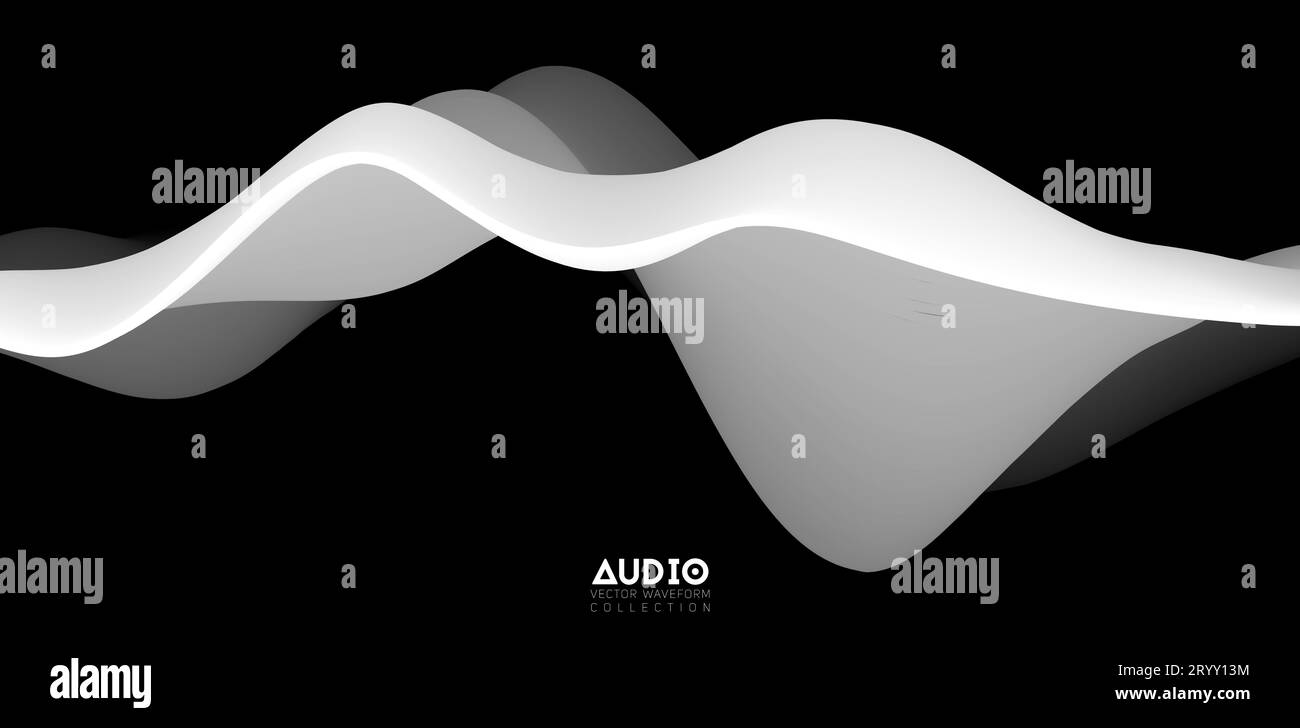Sound wave visualiztion. 3D black and white solid waveform. Voice sample pattern. Stock Vector