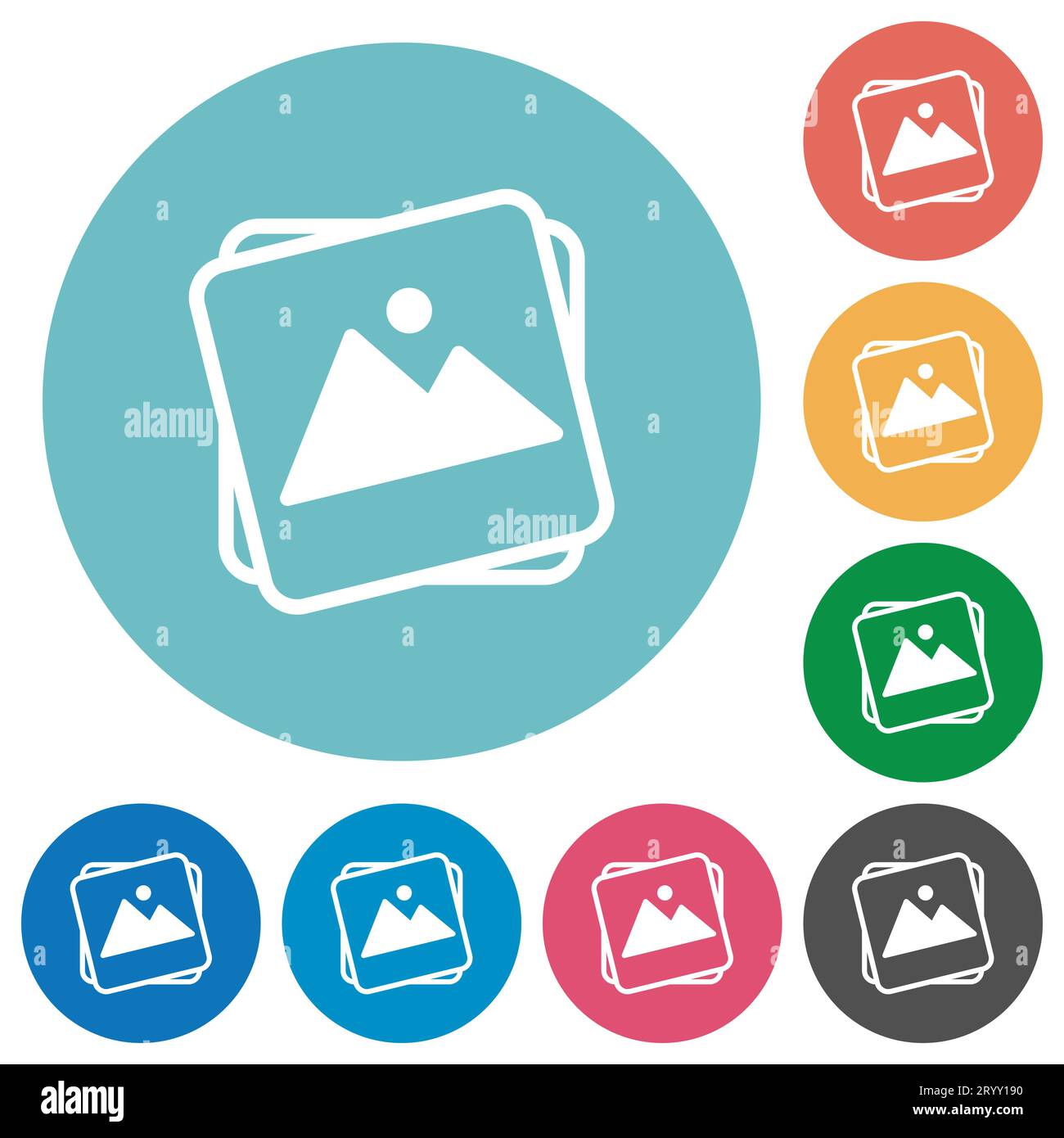 Stack of photos flat white icons on round color backgrounds Stock ...