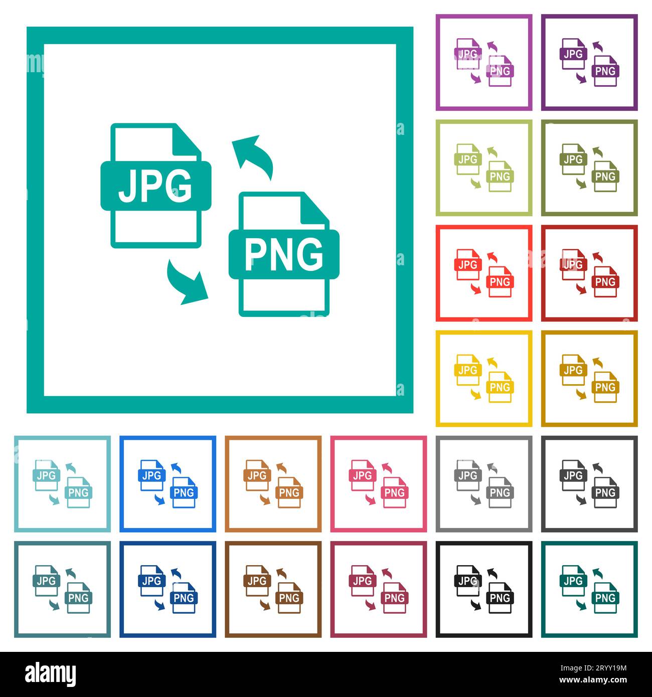 JPG PNG file conversion flat color icons with quadrant frames on white ...