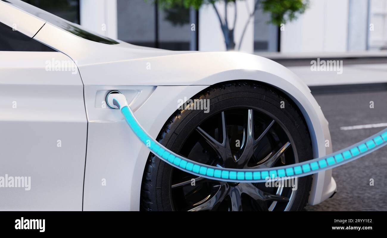 High-speed charging station for electric vehicles on city streets with blue energy battery charging. Fuel power and transportati Stock Photo