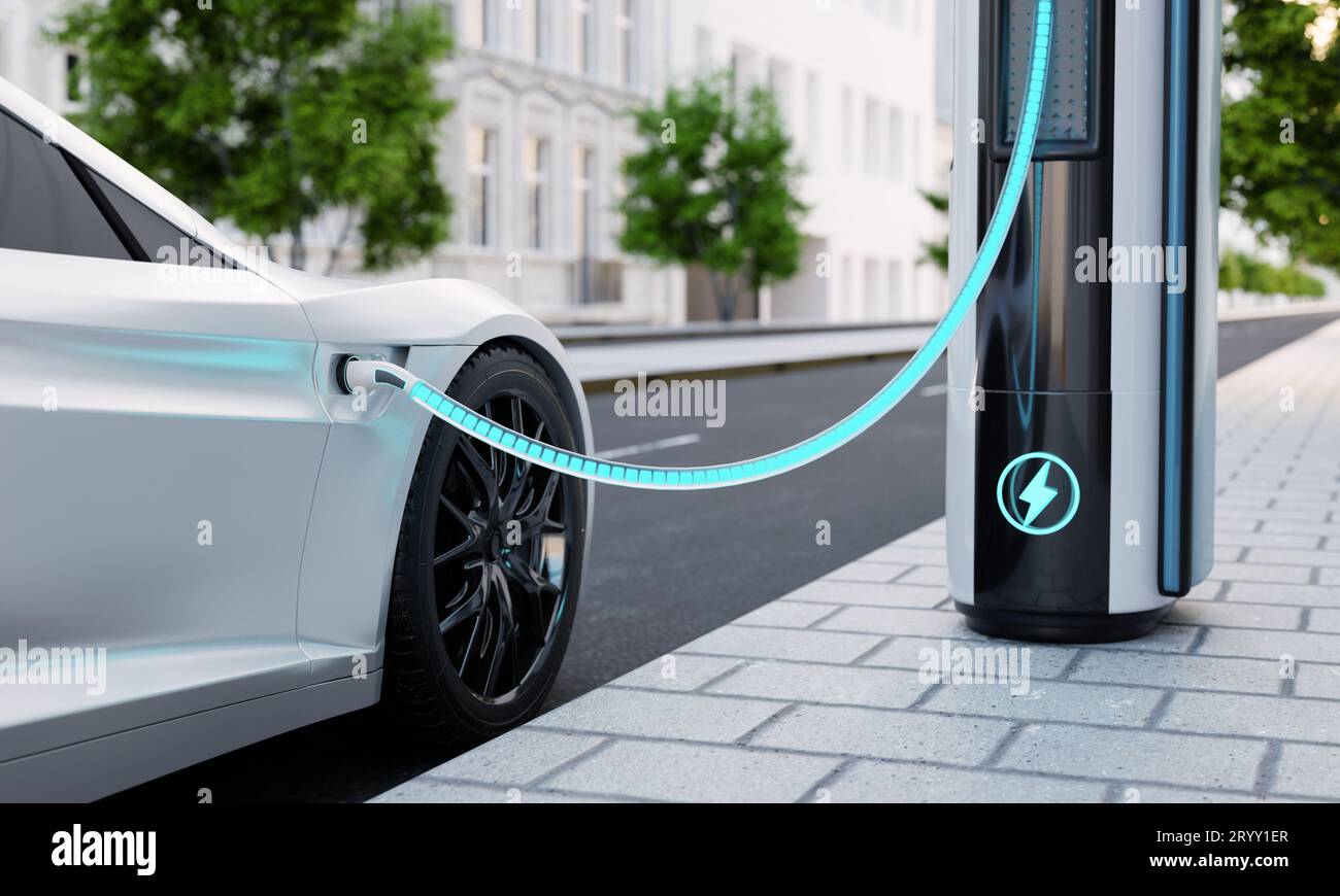 High-speed charging station for electric vehicles on city streets with blue energy battery charging. Fuel power and transportati Stock Photo