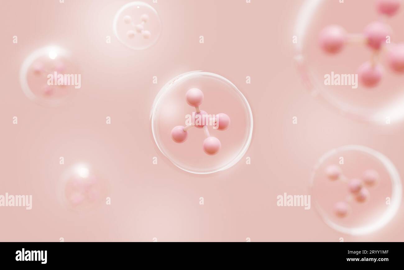 Molecule atoms inside bubbles on pink skin background. Cosmetics