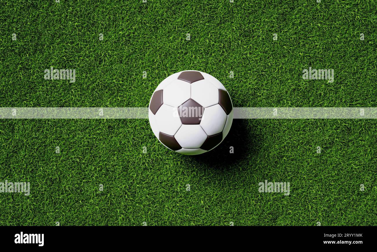 Soccer field center and ball in top view background. Sport and athletic concept. 3D illustration rendering Stock Photo